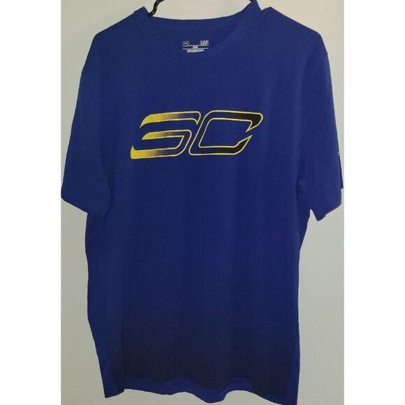 UNDER ARMOUR STEPH CURRY MENS TSHIRT LARGE BLUE YELLOW SC 30 LOGO‎ HEAT GEAR - Picture 1 of 3
